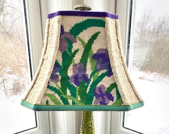 Iris Needlepoint Rectangle Lampshade with cut corners, Vintage Purple and Green Needlepoint Lamp Shade, 11" Bottom and 8.5" high