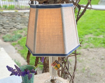 Natural Grain Sack Lampshade, Vintage Fabric Shade with French Ticking Trim, Hex Clip 5x8x6, Ticking trim - 2 in-stock