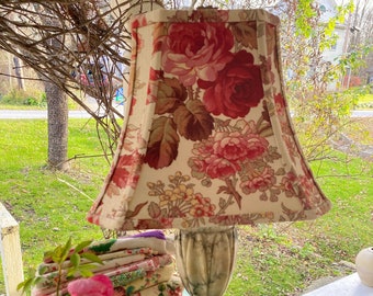 Tulip and Cottage Rose Lampshade, Vintage French Rectangle Bell lamp shade, Pink  and Green Floral, 12" bottom x 9.5" high