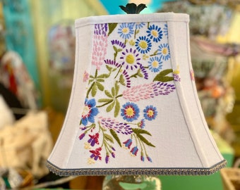 Vintage UK Embroidered Lampshade, Rectangle Bell with cut corners Lamp Shade - 9.5" high x 12" bottom