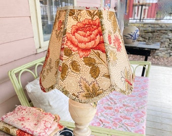 Coral and Olive Vintage Floral Scallop Lampshade, Rare French Fabric Lamp shade - a real treat - 2 in-stock - 10" bottom x 8" high French