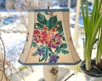 Amazing Ukrainian Textile Lampshade, Vintage Cross Stitch Rectangle Bell with cut corners Lamp Shade - 9.5" high x 12" bottom