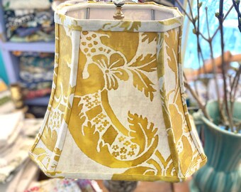 Gorgeous Fortuny Rectangle Bell lampshade,  Yellow and White Fabric, 11" bottom x 8.5" high - 1 in-stock - Designer's treat!