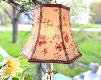 Antique French Fabric Hex Bell Lampshade, Delicate Textile Design, Purple and Red Floral Motif Lamp Shade