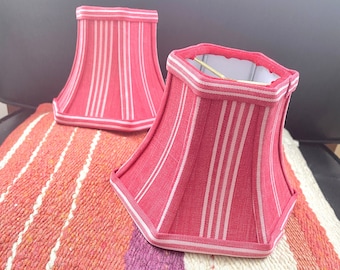 Red Ticking Hex Bell Chandelier Lampshade - Candle Clip Top Lamp Shade - Vintage French Red and White Ticking Fabric - 1 in-stock