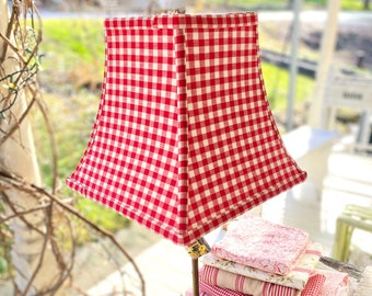 Red Gingham Lampshade, 8" high Square Bell Lamp Shade in Vintage Red and White Check Cotton Fabric - only one
