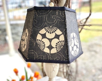 Charcoal Katazome Japanese Vintage Fabric Lampshade, Buckwheat Resist, 14" bottom x 9" high RARE Fabric Lamp Shade, 1 in-stock