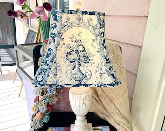 Blue Toile Lampshade, Antique French fabric lamp shade, Cut Corner Rectangle Bell Shade - Classic Look - 9.5" high x 12" bottom