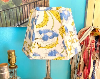 Blue and White Hex Clip  Lampshade, India Block Print Fabric Lamp Shade - 6x10x7 inch high - 2 in-stock