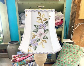 Vintage Cross Stitch Square Bell Lampshade - cut corner square bell - Sweet as a button - 10" bottom x 9" high - only one