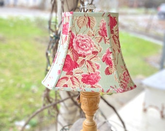Beautiful French Floral Rectangle Bell lampshade,  Green and Pink Antique Fabric, 11" bottom x 8.5" high - 1 in-stock