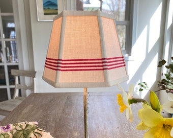 6" high Red Stripe Lampshade, Vintage French Linen lamp shade, Hex Clip, - priced per shade -2 in stock