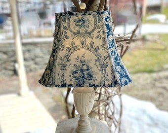 14" b x 10" high Blue Toile Lampshade, Antique French fabric lamp shade, Cut Corner Rectangle Bell Shade