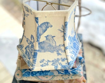 Blue Toile French Vintage Fabric Lampshade, Classic Fabric 5x8x6 Hex Bell Lamp Shade- just one