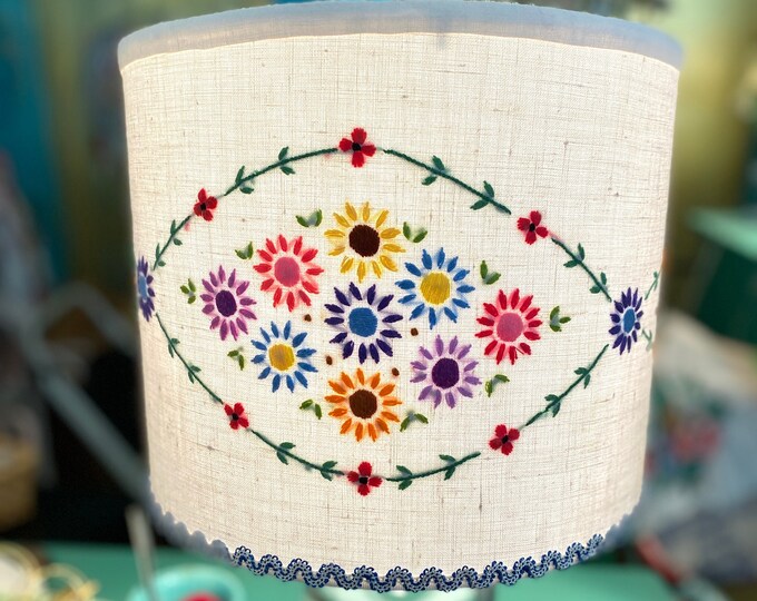 Embroidered Drum Lamp Shade, Vintage Embroidery Lampshade 11 X 11 X 9