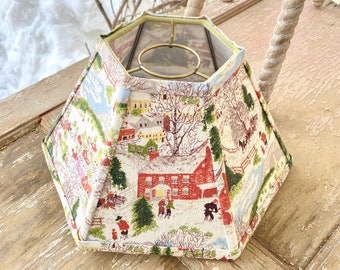 Grandma Moses Vintage fabric Lampshade in Vintage Bark Cloth, Deep Snow Winter Scene, 12" bottom x 7'' high -  For hurricane oil lamp