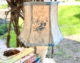 Oh the blue, Antique French Fabric Lampshade, Blue Floral Vintage Fabric 5x8x6 Hex Bell Lamp Shade - 2 in-stock, priced per shade