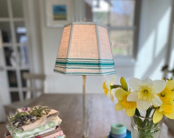 Green Stripe on natural linen Lampshade, Nautical Stripe look, 5"x 8" x 6" high hex bell clip top -1 in-stock