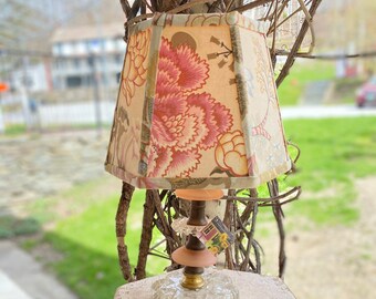 Vintage Floral Hex Clip, Pretty Antique French Cotton Lampshade - 5" top x 8" bottom x 6" high clip top - 2 in-stock