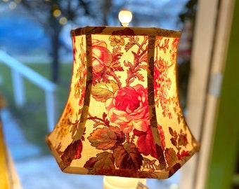 Cabbage Rose French Vintage Fabric lampshade, Hex Bell lamp shade washer top lamp shade - Super pretty fabric,  7"top x 12" b x 8.5" high