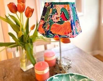 Funky Vintage Chinese Fabric Lampshade, Bold Print Lamp Shade, Hex Clip, 7" high - 1 in-stock - last one!