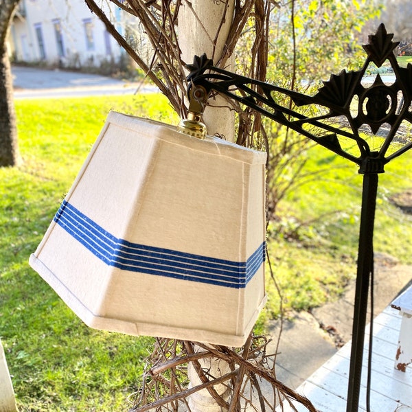 Blue Stripe Bridge Lampshade in a vintage French ticking fabric, Hex Threaded uno Lamp Shade - Standard Size