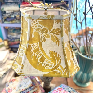 Gorgeous Fortuny Rectangle Bell lampshade,  Yellow and White Fabric, 11" bottom x 8.5" high - 1 in-stock - Designer's treat!