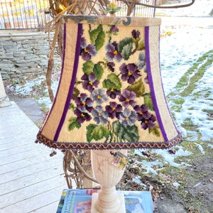 Violet Rectangle Lampshade with cut corners, Vintage Needlepoint Lamp Shade, 12" Bottom - One of a kind beauty!