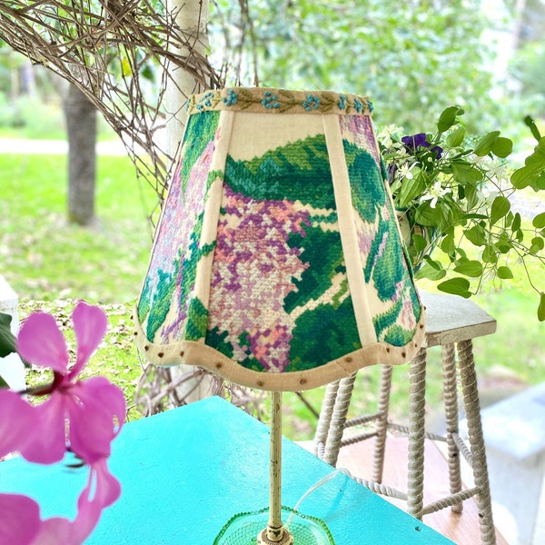 Vintage Ukrainian Cross Stitch Lamp Shade,  Funky Scallop Lampshade  - 7" high and 8" bottom - clip top