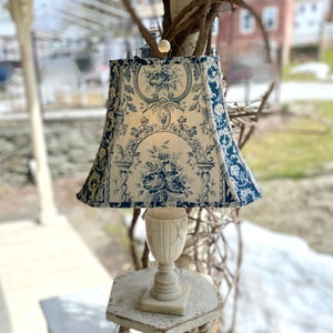 14" b x 10" high Blue Toile Lampshade, Antique French fabric lamp shade, Cut Corner Rectangle Bell Shade