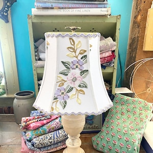 Vintage Cross Stitch Square Bell Lampshade - cut corner square bell - Sweet as a button - 10" bottom x 9" high - only one