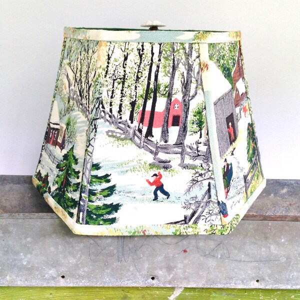 Grandma Moses Lampshade, Lamp Shade in Farm Barkcloth Fabric, Cabin Decor, Country Style, Vintage Look - Dark Green