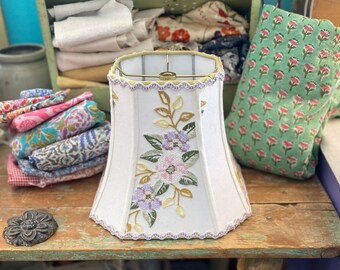 Vintage Cross Stitch Square Bell Lampshade - cut corner square bell - Sweet as a button - 10" bottom x 9" high - only one