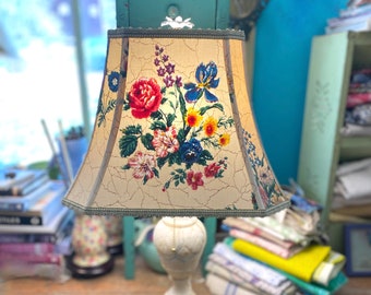 1890's Antique English Floral Chintz Lampshade, Cut Corner Rectangle Bell Lamp Shade 14" bottom x 10" high - Show room stopper