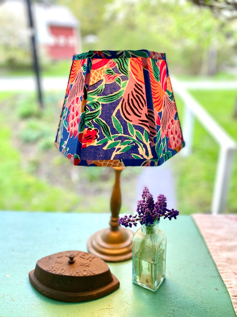 Funky Vintage Chinese Fabric Lampshade, Bold Print Lamp Shade, Hex Clip, 7 high 1 in-stock last one image 3