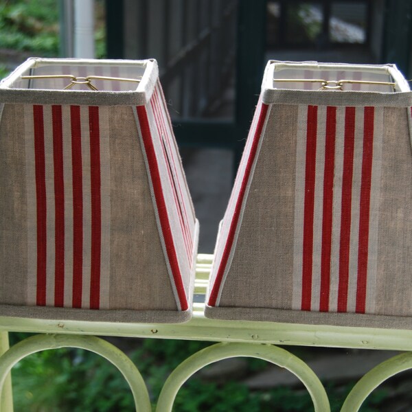 Red Stripe Lamp Shade French Lampshade Ticking Vintage Fabric Shade - 4x7x7 Square Clip - French Farmhouse