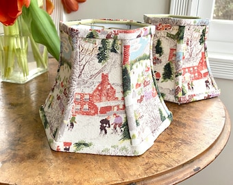 Grandma Moses Vintage Bark Cloth - 5" top x 8" bottom x 6" high hex bell clip top lamp shade, Country Decor - 2 in-stock