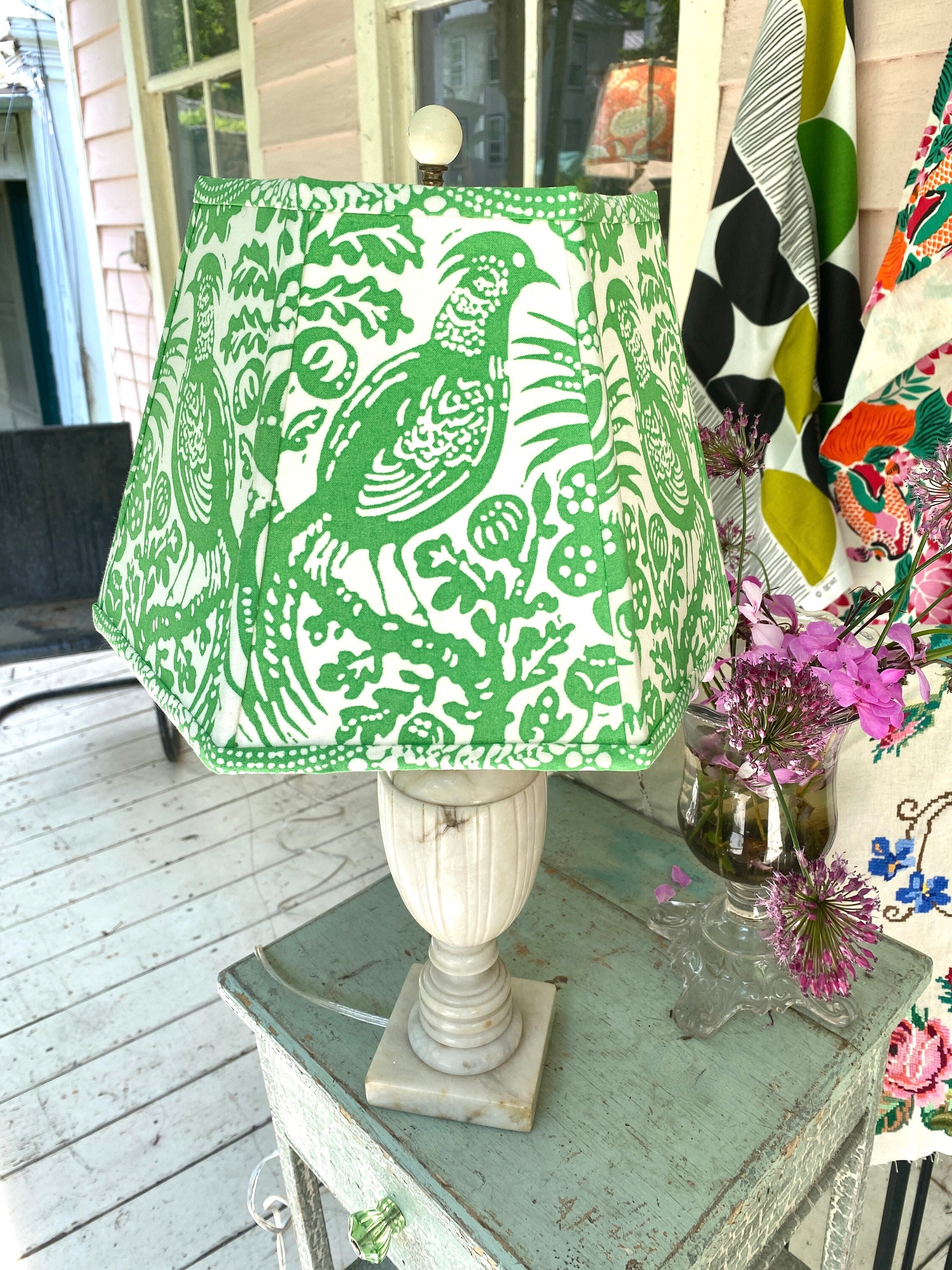 SALE, Green and Off White Bird Lampshade, 7"x 12"x 8"