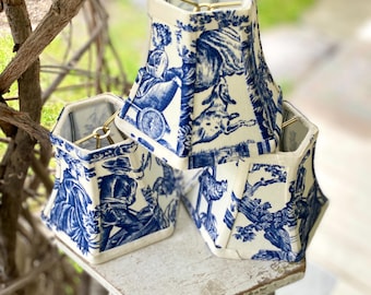 Vintage Blue Toile Chandelier lampshade, 4.5" high, Flame Clip - last one