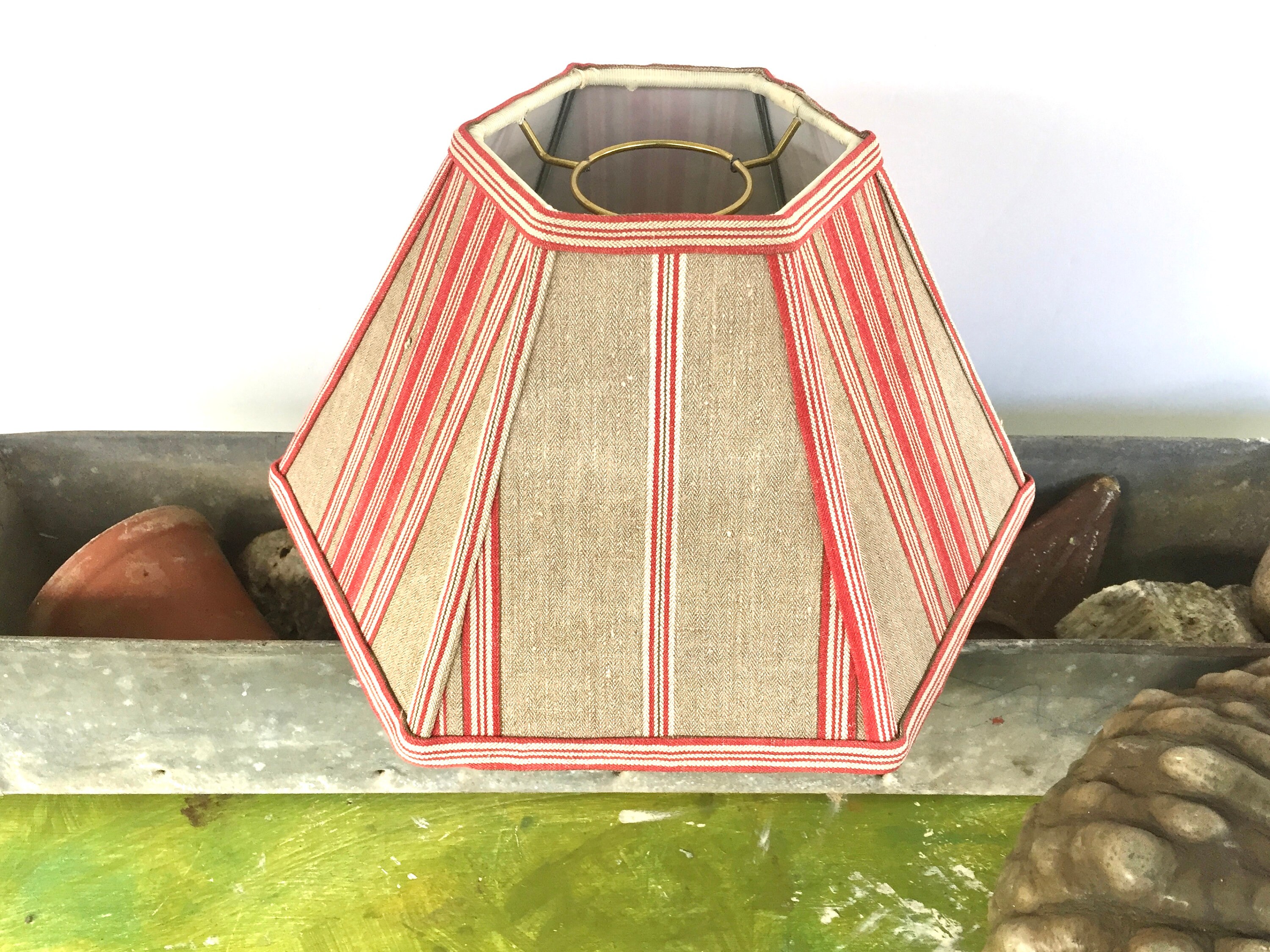 Red Hurricane Lampshade In Vintage French Linen Fabric