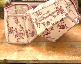 Cranberry and  Off White Floral Lampshade,  Vintage Fabric Hex Bell Clip Top lamp shade - 8" b x 6" high - 2 in-stock, priced per shade