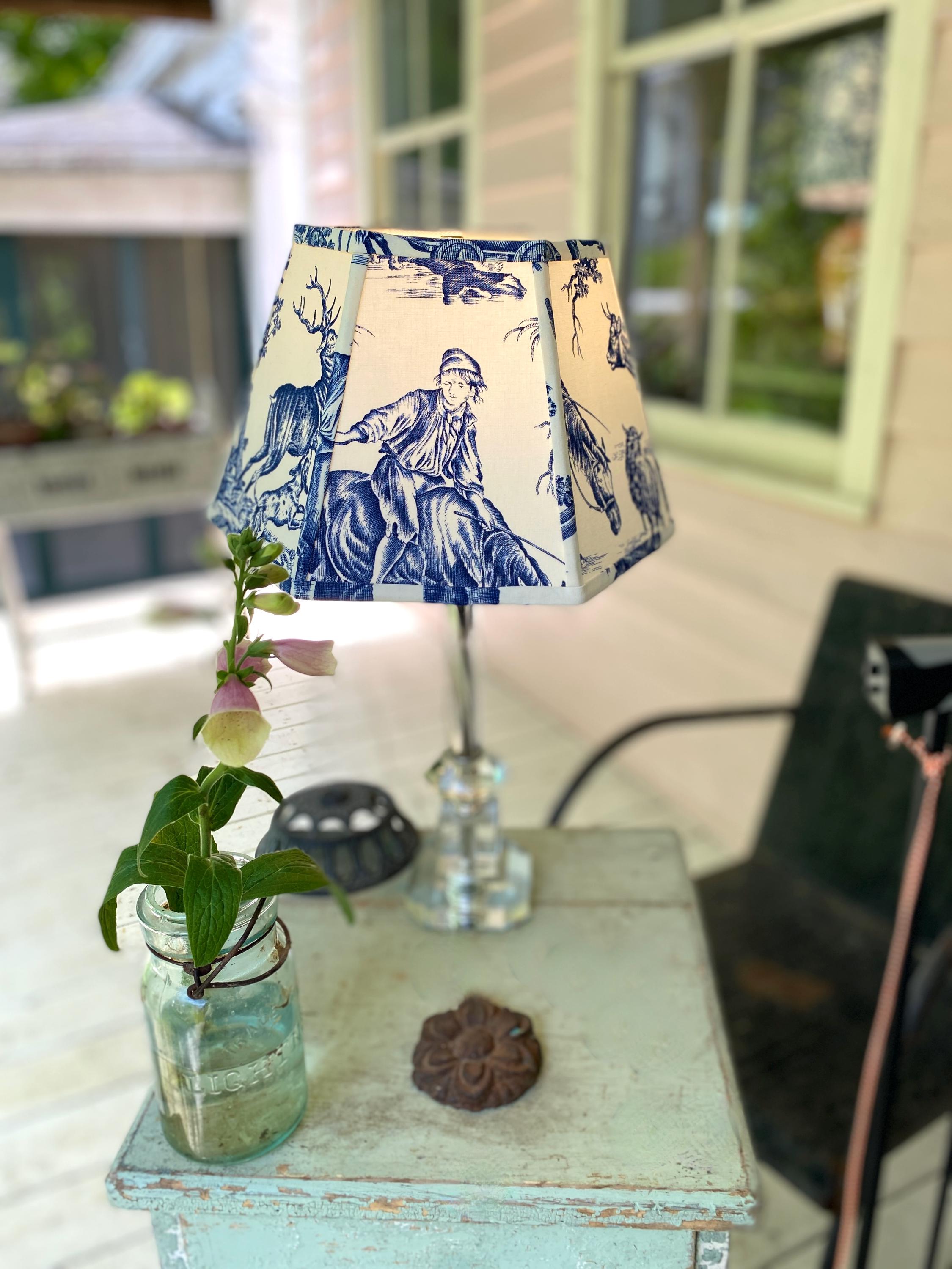French Country Rural Toile Fabric Lampshade, pretty blue, 7" t x 12" b x 7.5", washer top - 2 in-stock, priced per shade