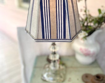 Rare Vintage Blue Ticking Lampshade, 8" bottom x 6" high - 2 in-stock, priced per shade