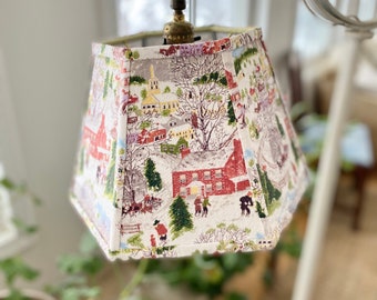 Grandma Moses Bridge Lamp Shade, Lampshade Threads onto Floor Lamp - Vintage Bark Cloth Shade - Winter Scenes