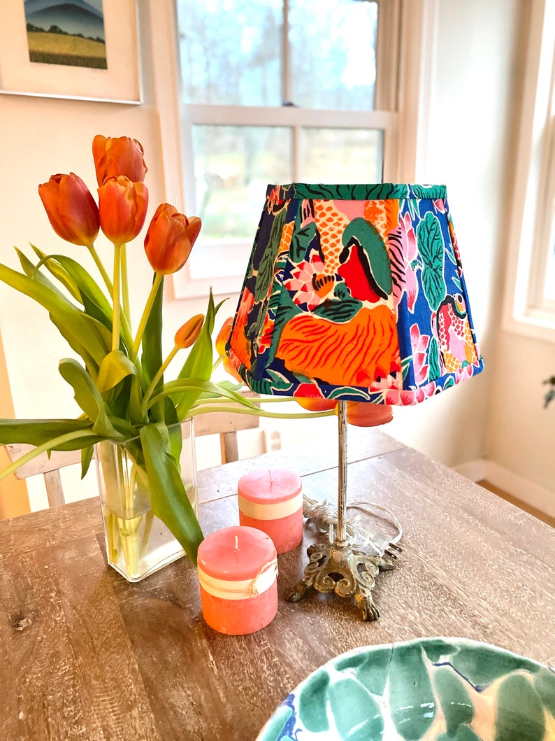 Funky Vintage Chinese Fabric Lampshade, Bold Print Lamp Shade, Hex Clip, 7 high 2 in-stock priced per shade image 8