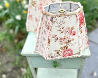 Antique Fabric Lampshade, Vintage French Floral Rectangle inverted cut corner lamp shade - 6" x 11" x 8.5" high, 2 in-stock