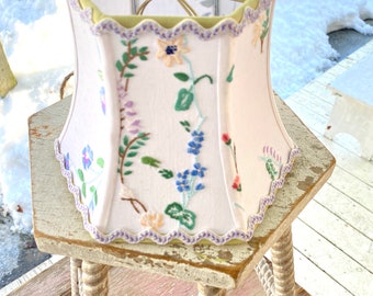 Sweetest Floral Embroidered Lampshade, Vintage embroidery Hex Bell shade, 2 in-stock - priced per shade