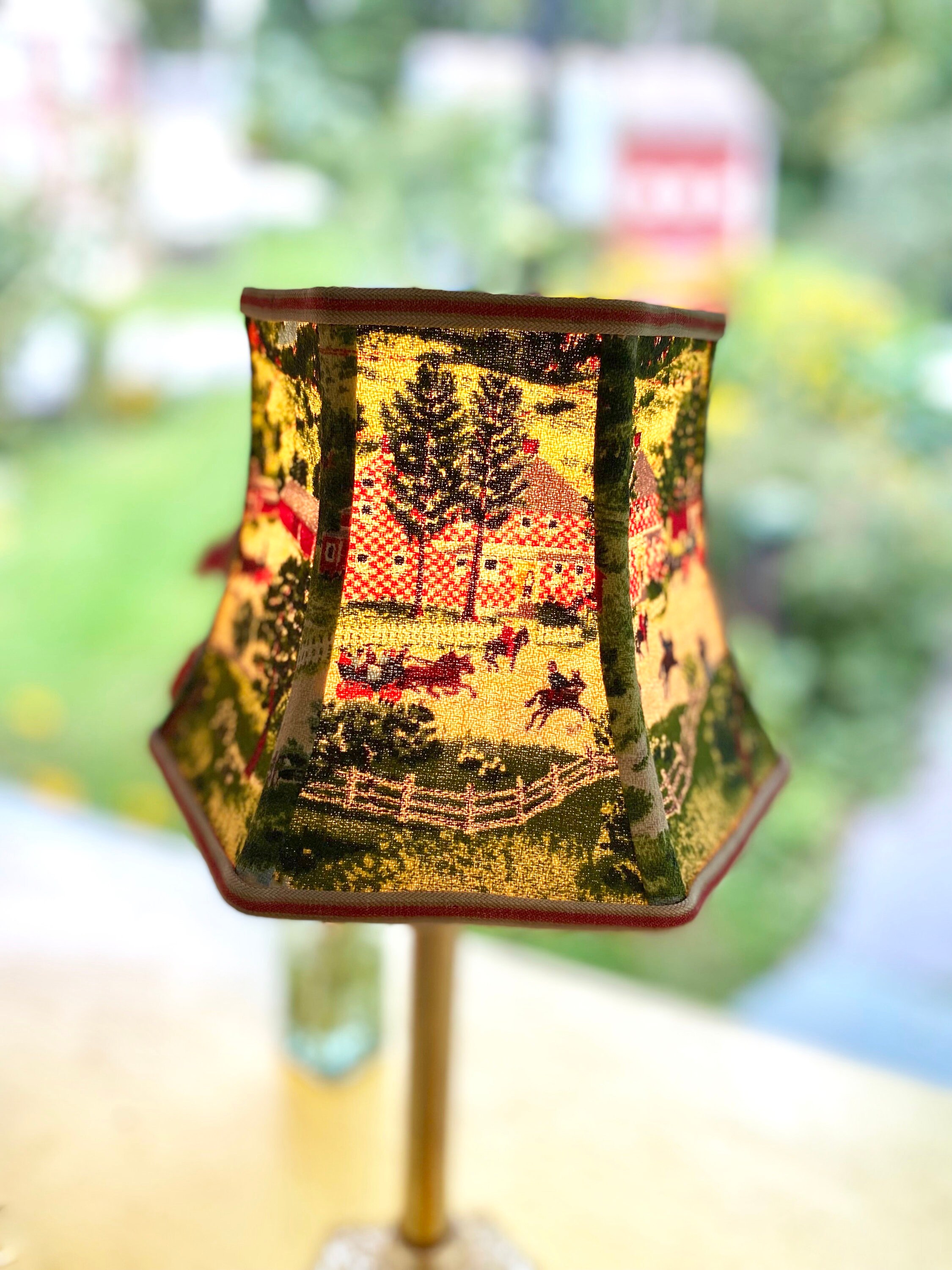 Winter Scene and Springtime Mix of Checkerboard House Hex Clip Grandma Moses Lampshade Vintage Bark Cloth