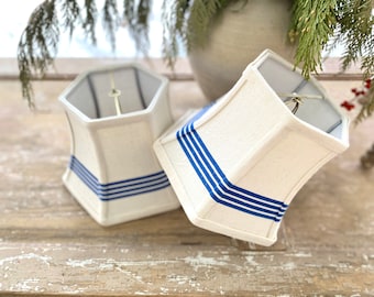 Blue and White Stripe Lampshade, Nautical Stripe look, small hex bell clip top - 1 left - rare blue stripes