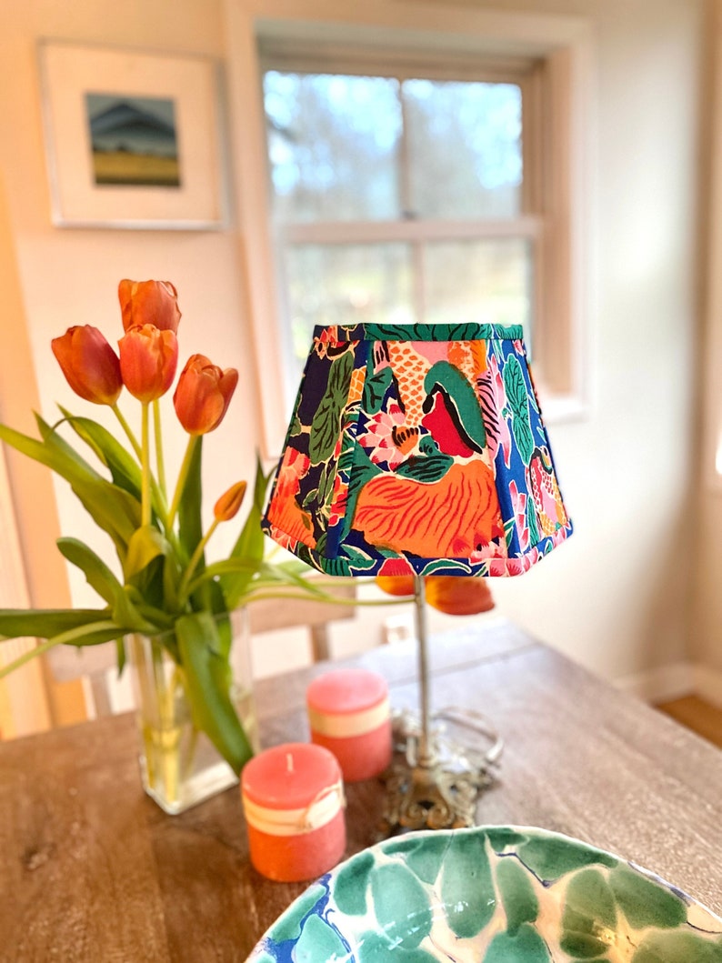 Funky Vintage Chinese Fabric Lampshade, Bold Print Lamp Shade, Hex Clip, 7 high 1 in-stock last one image 1